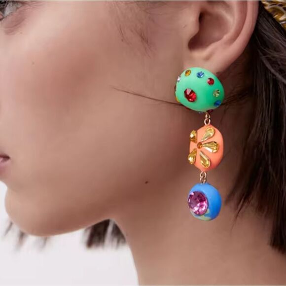 New ZARA Mismatched jeweled bohemian dangle drop earrings - Picture 2 of 11